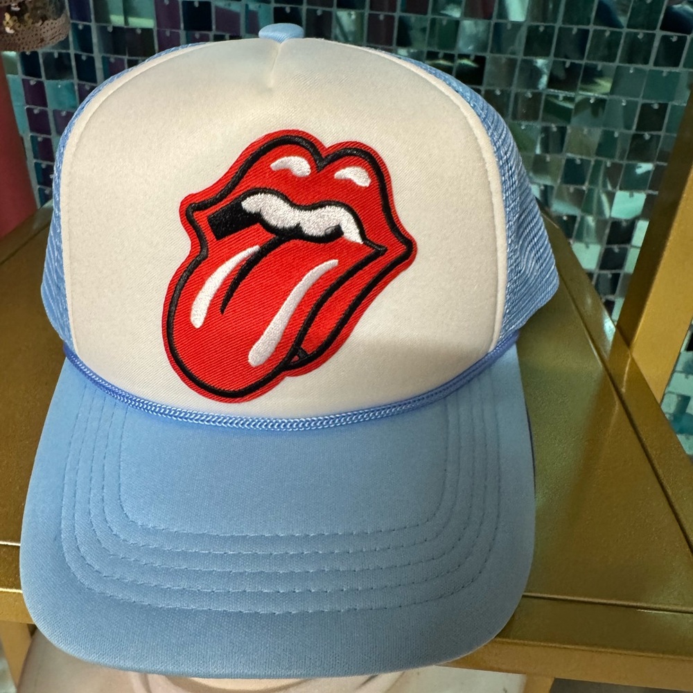 Blue and White Trucker Hat with Tongue Logo
